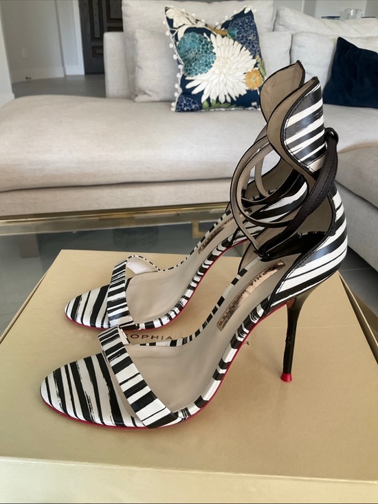 Sophia Webster Shoes - Sophia Webster Nicole black/white stripe red trim double ankle strap heels, 38.5